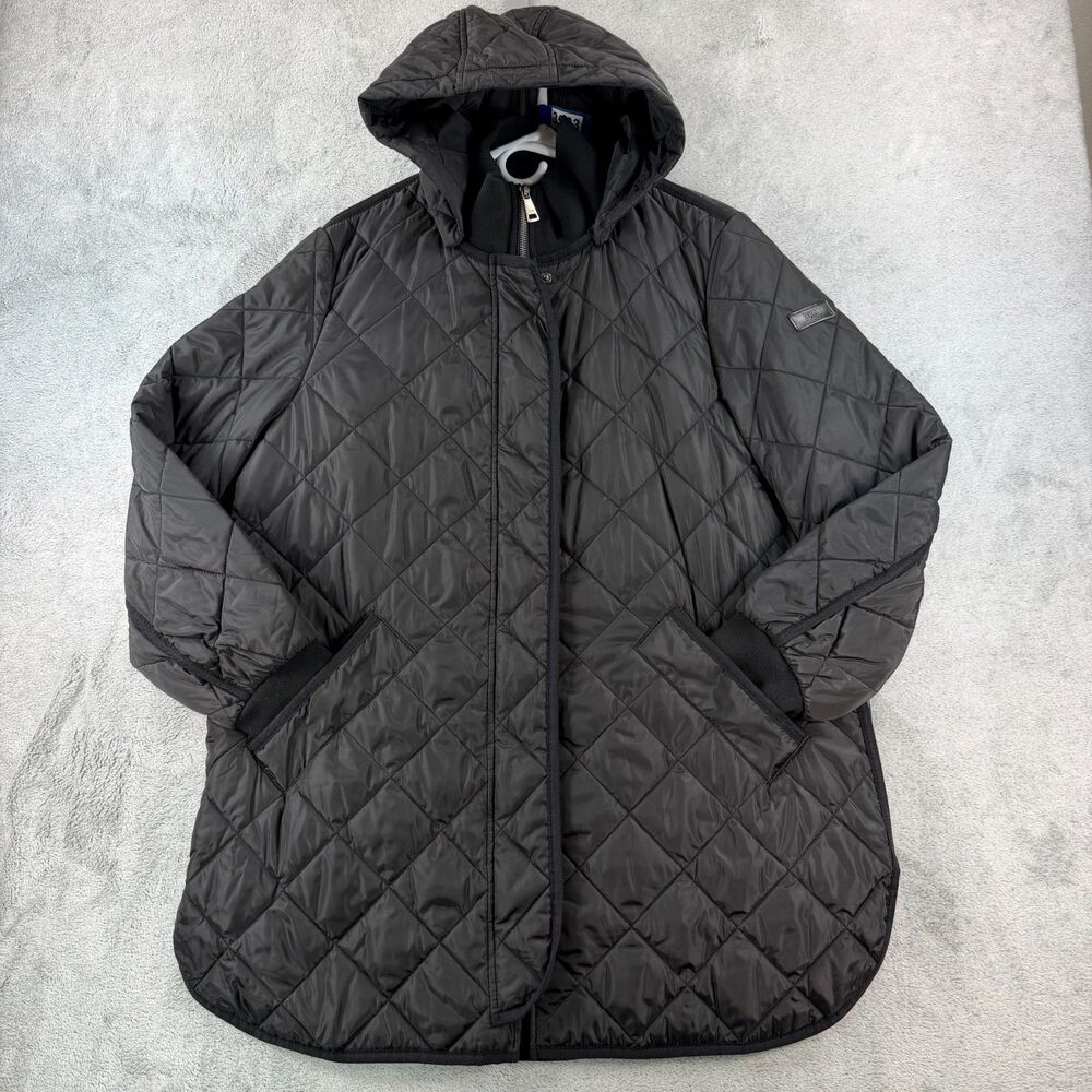 DKNY Women's XL Black Diamond Quilted Long Hooded Coat Fleece Collar Jacket
